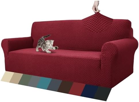 ZNSAYOTX 1 Piece Jacquard Couch Covers for 3 Cushion Couch High Stretch Sofa Cover for Pets Dogs Anti Slip Extra Large Sofa Slipcovers Furniture Protector (XL Sofa, Wine Red)