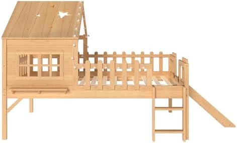 Full Loft Bed with Slide and Ladders, Solid Wood Low Loft Bed with Tray, Lights, Playhouse Roof, House Loftbed Frame for Kids, Boys, Girls, Childlike and No Box Spring Needed Design, Natural