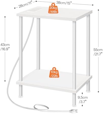 HOOBRO Side Table with Charging Station, Set of 2 End Tables with USB Port and Outlets, Nightstand with 2-Layer Storage Shelves for Small Spaces, Living Room, Bedroom, White WW09UBZP201