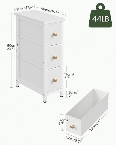 CHOEZON Narrow Side Table with 3 Fabric Drawers, Industrial Slim Bedside Table for Small Spaces, Bedroom, Living Room, Dormitory, White TBZ09WB