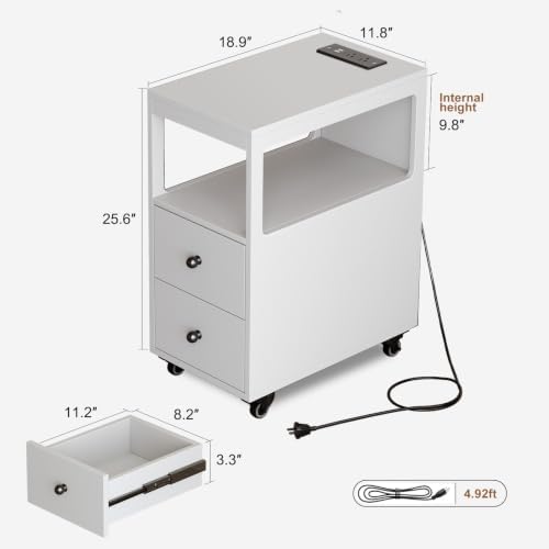 Narrow End Table with Charging Station and Wheels, Movable Narrow End Table with USB Ports and Outlets for Small Space, Living Room, Bedroom and Office, with 4 Wheels (White)