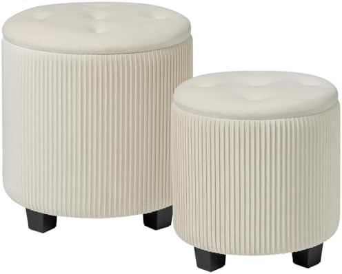 BLEXA Big Round Ottoman with Storage Set of 2, Velvet Makeup Vanity Stool