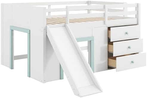 Bellemave Full Size Low loft Bed for Kids,Wood Modern Farmhouse Full Loft Bed with Slide and Drawer Storage, No Box Spring Needed, White