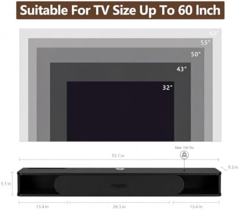 GHC Floating TV Stand, 65'' Wall Mounted TV Cabinet, Floating Shelves with Door, Media Console for DVD Player, Space-Saving Under TV Shelf for Bedroom & Living Room (Black)