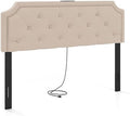 KOMFOTT Upholstered Headboard with Charging Station for Full & Queen Size Bed Frame, Tufted Button Bed Headboard with Solid Rubber Wood Legs, Headboard with Adjustable Width, Beige