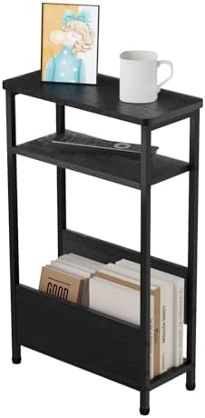 THUMEYE 7.1" Narrow Side Table for Small Spaces, 3 Tier Small End Table with Magazine Holder, Slim/Skinny Nightstand/Bedside Table for Living Room, Bedroom, 15.4" L x 24.2" H, Black