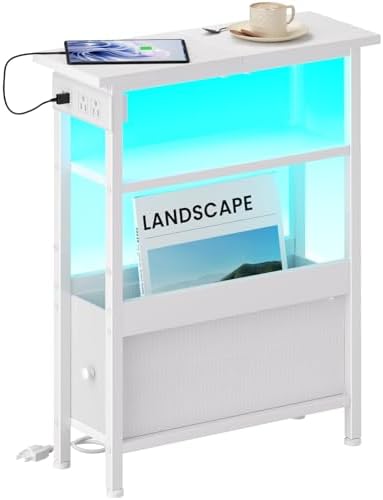 Narrow White Side Table with Charging Station and LED Light, End Table