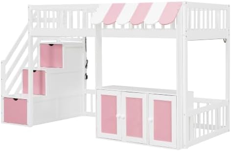 LUMISOL Twin Size Loft Bed with Storage Steps and Under Bed Cabinets, Playhouse Loft Bed Frame with LED Light, White+Pink