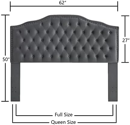 24KF Upholstered Button Tufted Queen/Full Size Headboard with Nailhead Trim, Soft Velvet Fabric - Dark Gray