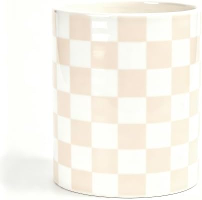Kitchen Utensil Holder,7.2-inch Extra Large Ceramic Checkered Pattern Utensil Crock,Cooking Utensil Organizer for Kitchen Counter Decor,Storage Caddy Farmhouse Gift Beige
