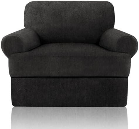 Sofa Cover 2 Pieces T Cushion Chair Covers with Arms Super Stretch Chair Slipcover for Living Room,Slip Cover Anti Slip Armchair Furniture Protector Pet Universal(Black, 1 Cushion)