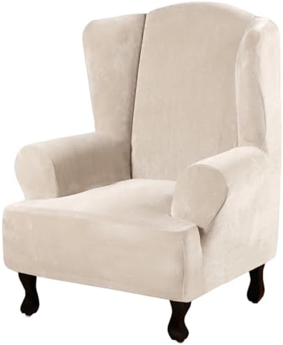 H.VERSAILTEX Wingback Chair Covers Polyester Spandex Plush Wing Chair Slipcover 1 Piece High Stretch Wing Back Chair Slipcovers Sofa Cover Furniture Cover with Elastic Bottom, Cream