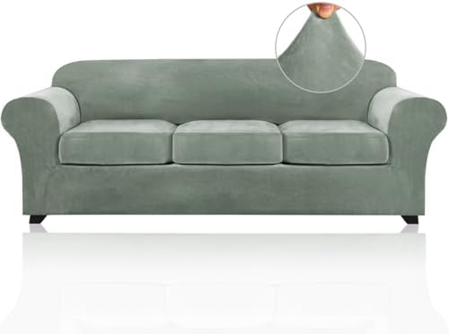 PrinceDeco PriceDeco Velvet XL Couch Cover for Oversized Sofa 4 Piece Sofa Covers for 3 Cushion Couch Washable Furniture Protector with Non Slip Elastic Bottom Width Up to 97 Inch(X-Large, Seagrass)
