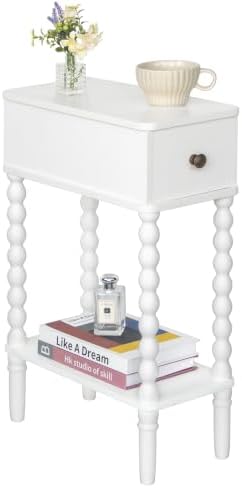 Fultyle Narrow White End Table, Slim Side Table with Drawer and Open Shelf