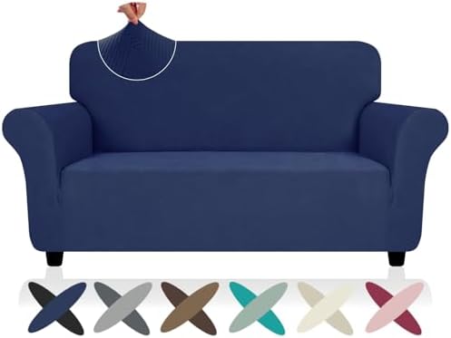 ZNSAYOTX Super Stretch Loveseat Covers (57"-70"), New Striped Love Seat Slipcover, Dogs Pet Friendly Anti-Slip Couch Protector Spandex Durable 2 Seater Fabric Sofa Cover (Navy Blue, Loveseat)