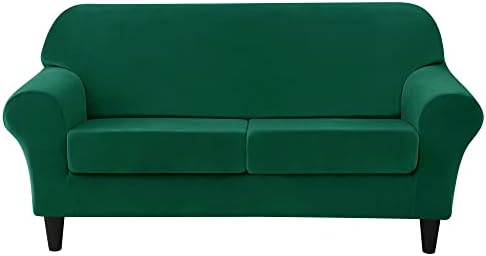 OBCREAT 3 Pieces Sofa Slipcover Stretch Velvet Sofa Covers for 2 Cushion Couch Loveseat Covers Soft Couch Cover with Elastic Bottom Non Slip Furniture Protector for Pets Kids (Green, Medium)