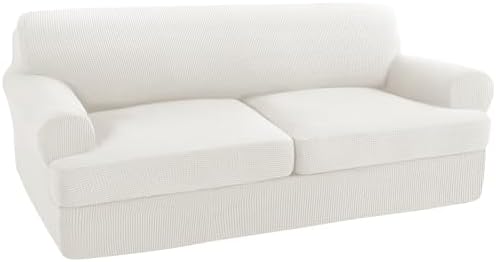 Turquoize 3 Piece T Cushion Sofa Slipcovers Stretch Couch Cover Furniture Covers with 2 Individual T Cushion Covers, Machine Washable (2 Cushion Sofa, Porcelain White)