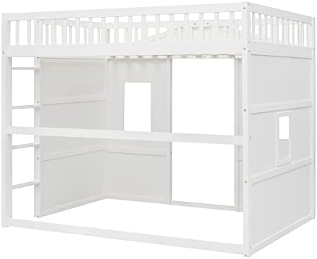 Full Size Loft Bed Space-Saving House Bed Frame with Safety Guard & Ladder for Small Bedroom, White