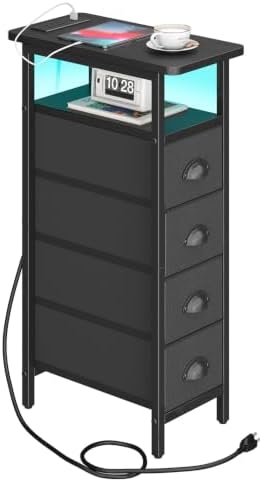 sthmec Side Table with Charging Station, Narrow End Table with 4 Drawers, LED Nightstands with Fabric Drawers,Slim Sofa Couch Side Tables for Small Spaces,Living Room,Bedroom, Black