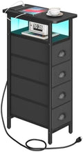 sthmec Side Table with Charging Station, Narrow End Table with 4 Drawers, LED Nightstands with Fabric Drawers,Slim Sofa Couch Side Tables for Small Spaces,Living Room,Bedroom, Black