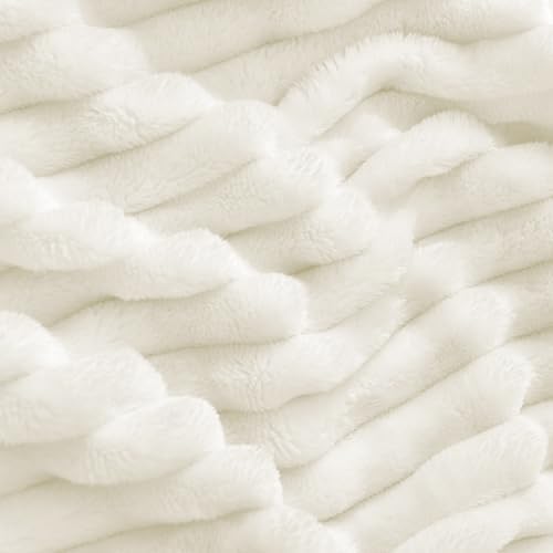 BEDELITE Ribbed Jacquard Cream Fleece Throw Blanket for Couch, 50x60 Inch