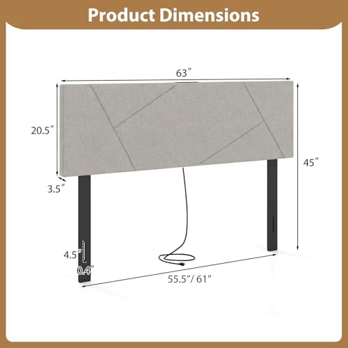 Giantex Headboard with Charging Station, Queen/Full Size Geometric Tufted Upholstered Head Board w/2 AC Outlets, USB & Type-C Ports, Rubber Wood Legs, Width Adjustable Modern Bed Headboard Only (Grey)