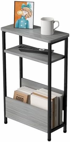 THUMEYE 7.1" Narrow Side Table for Small Spaces, 3 Tier Small End Table with Magazine Holder, Slim/Skinny Nightstand/Bedside Table for Living Room, Bedroom, 15.4" L x 24.2" H, Gray