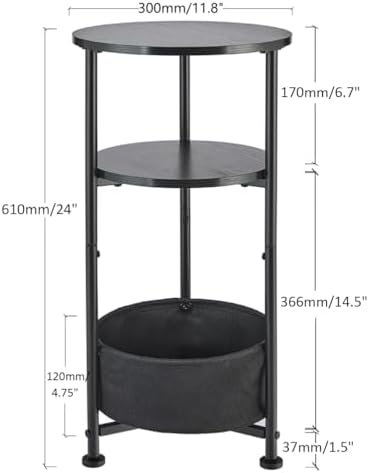 3-Tier Small Round Side Table with Storage Basket, Black