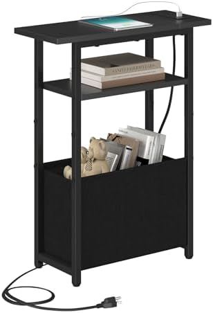 sthmec Narrow Side Table with Charging Station, Small End Table for Small Spaces, Skinny Nightstands with Storage Basket, 3 Tier Sofa Couch Bedside Tables for Living Room,Bedroom, Black
