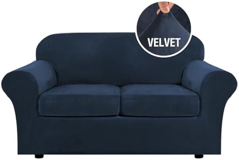 H.VERSAILTEX Real Velvet Plush 3 Piece Stretch Sofa Covers Couch Covers for 2 Cushion Couch Loveseat Covers Width Up to 72 Inch Feature Thick Soft Stay in Place (Medium Sofa, Navy)