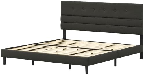 GRUSIGN King Size Bed Frame with Linen Fabric Headboard, Adjustable Height Upholstered Platform Bed Frame with Wooden Slats, Easy Assembly, Black