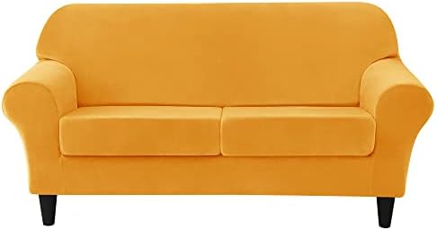 OBCREAT 3 Pieces Sofa Slipcover Stretch Velvet Sofa Covers for 2 Cushion Couch Loveseat Covers Soft Couch Cover with Elastic Bottom Non Slip Furniture Protector for Pets Kids (Gold, Medium)