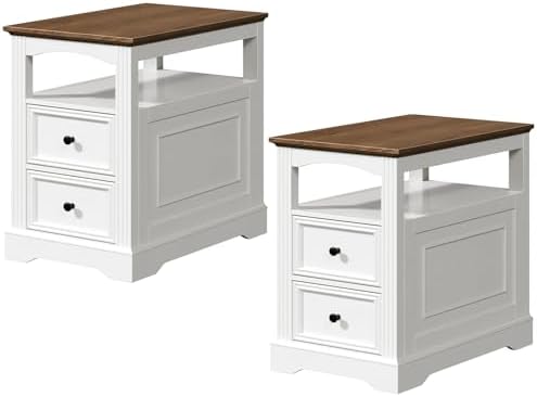 RALGEND Farmhouse End Table with 2 Drawers Set of 2, White and Walnut