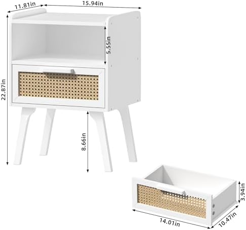 Lerliuo Rattan Nightstand, Bedside Table with Drawer Open Shelf