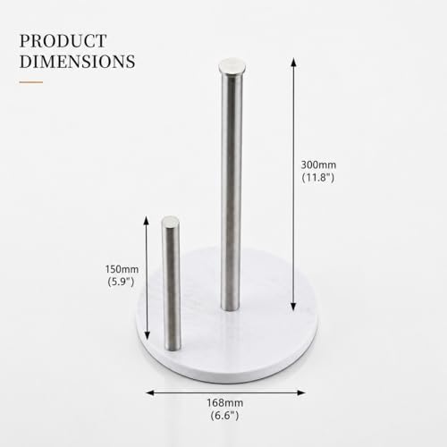 Brushed Nickel Paper Towel Holder for Kitchen Countertop, 304 Stainless Steel Roll Dispenser with White Engineered Marble Weighted Base, Freestanding Paper Towel Stand for Standard Rolls