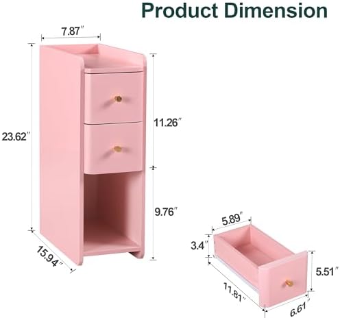 FurSch Narrow Nightstand, Wooden 2 Drawer, Slim Side End Table, Pink, 1 pc