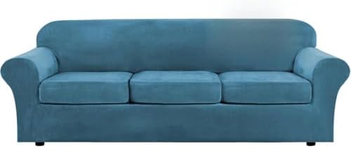 H.VERSAILTEX High Stretch Sofa Slipcover 4 Piece Cover Velvet Furniture Protector Form Fit Thick Velvet Extra Large Sofa Cover for 3 Cushion Couch Width Up to 97 Inch (Large Sofa, Peacock Blue)