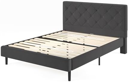 Zinus Full Shalini Upholstered Platform Bed Frame with Headboard [New WonderBox(TM) Version], Wooden Slat Support, No Box Spring Needed, Easy Assembly, Eco Friendly Packaging, Dark Grey