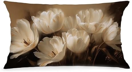 Vintage White Tulips Floral Pillow Cover 12x20, Elegant Neutral Moody Botanical Flower Decorative Lumbar Pillow Cover for Couch Bed Living Room Bedroom