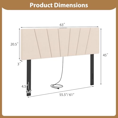 GIANTEX Headboard with Charging Station, Queen/Full Size Tufted Upholstered Head Board w/2 AC Outlets, USB & Type-C Port, Rubber Wood Legs, Width Adjustable Modern Bed Headboard Only (Beige)