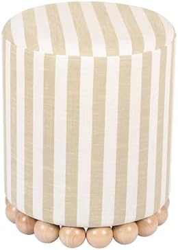 First of a Kind Ottoman Foot Rest - Beige Round Ottoman Stool with Solid Wood Spherical Orbs - 15.7" W x 15.7" D x 18.3" H - Handmade, Easy Clean, 330 lbs Weight Capacity