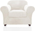 PrinceDeco Velvet Plush Couch Cover Stretch 2 Piece Chair Cover Chair Slipcover Washable Furniture Protector Couch Soft with Elastic Bottom Armchair Cover Width Up to 49 Inch(Small, Porcelain)
