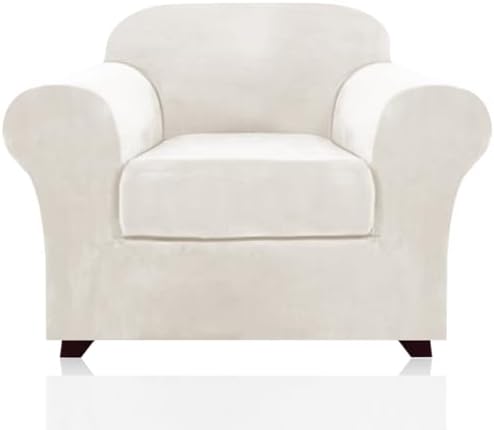 PrinceDeco Velvet Plush Couch Cover Stretch 2 Piece Chair Cover Chair Slipcover Washable Furniture Protector Couch Soft with Elastic Bottom Armchair Cover Width Up to 49 Inch(Small, Porcelain)