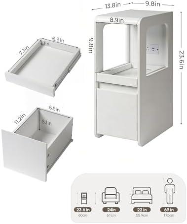White Narrow Side Table, Slim End Table with Charging Station