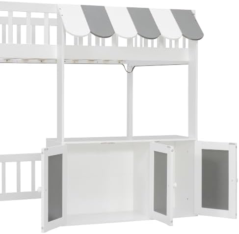 LUMISOL Twin Size Loft Bed with Storage Steps and Under Bed Cabinets, Playhouse Loft Bed Frame with LED Light, White+Gray