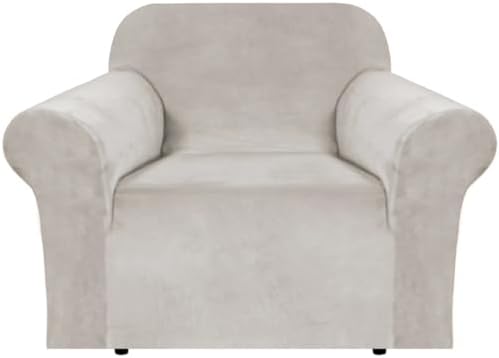 H.VERSAILTEX Stretch Velvet Armchair Cover Couch Covers 1 Cushion Chair Slipcover for Living Room Furniture Cover Crafted from Thick Comfy Rich Velour (Chair 31"-49", Oatmeal)