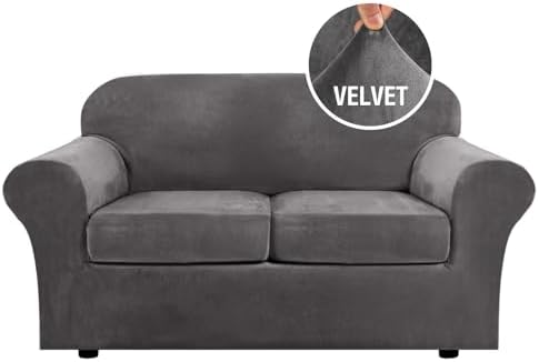 H.VERSAILTEX Real Velvet Plush 3 Piece Stretch Sofa Covers Couch Covers for 2 Cushion Couch Loveseat Covers Width Up to 72 Inch Feature Thick Soft Stay in Place (Medium Sofa, Grey)