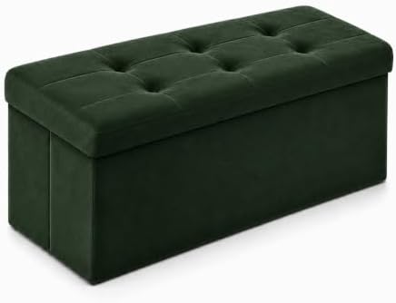 ALASDO 30 Inch Folding Storage Ottoman Bench with Hidden Storage, Velvet Storage Ottoman Foot Rest Stool, End of Bed Bench for Bedroom, Living Room, Entryway and Closet, Dark Green