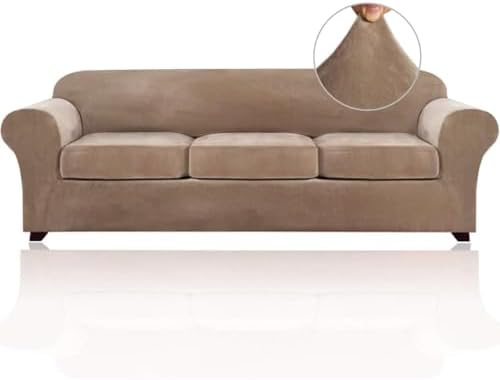 PrinceDeco Velvet Couch Covers for Sofa Soft 4 Pieces Couch Covers for 3 Cushion Couch Sofa Pet Friendly Furniture Protector with Non Slip Elastic Bottom Width Up to 97 Inch (Large Sofas, Camel)
