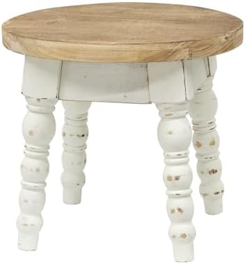 Vintage Solid Wood Step Stool, Round Farmhouse Wooden Stool, Easy Assembly for Kids, Plant Stand or Bathroom Kitchen French Country Shabby Chic Decor